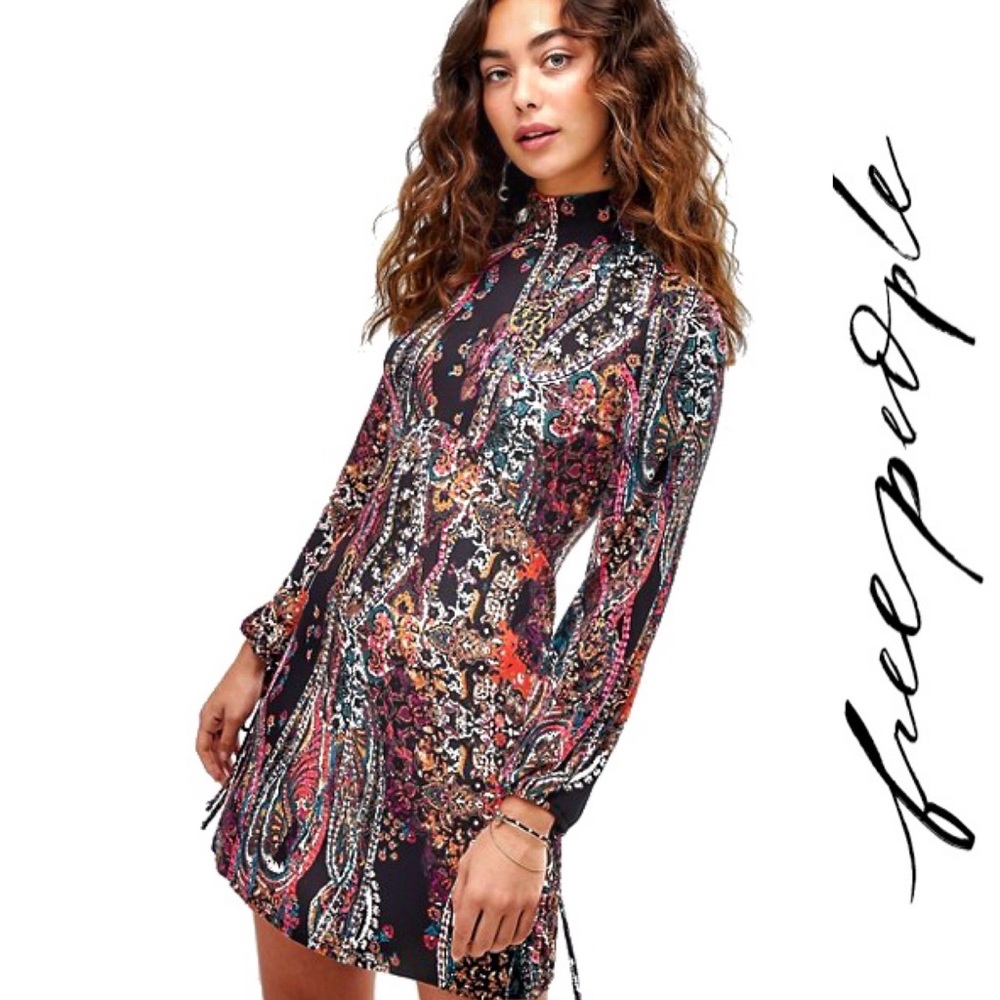 Free People NWT Mock Neck Paisley Mini Dress, Med